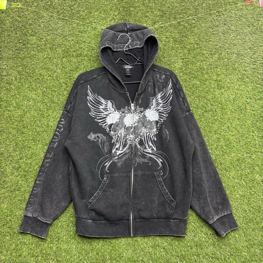 Social Collision Y2K Hoodie Mens Large Full Zip Skulls Angel Wings Grunge Punk